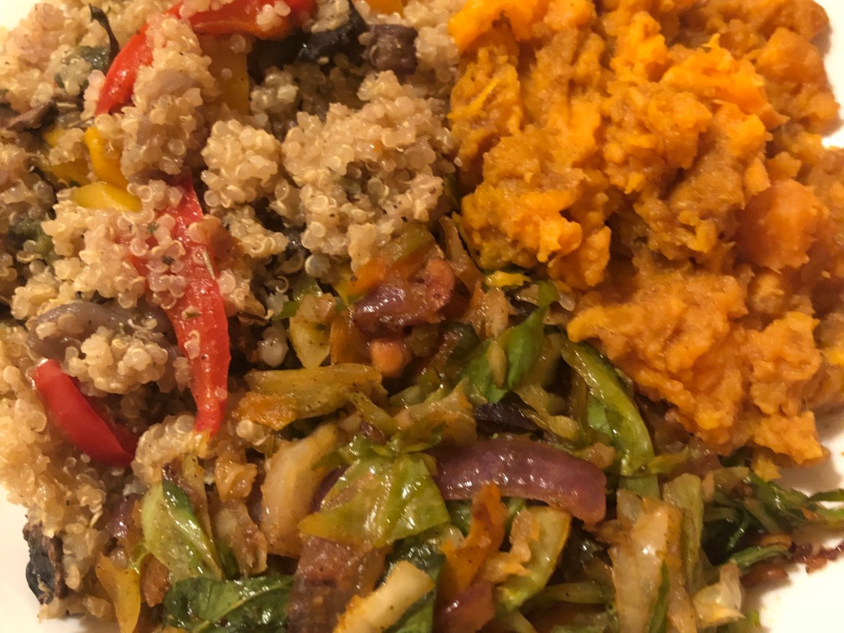 Spicy stir fried cabbage, quinoa with stir fried veggies, and softened sweet&nbsp;potatoes